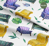 Sulu Boya Koltuk Berjer Yaprak Desenli Dijital Baskılı Kumaş